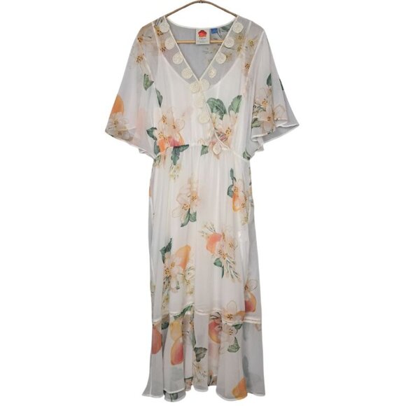 Farm Rio for Anthropologie Sheer Flutter Sleeve Eloisa Floral Dress NWOT Size M - Picture 2 of 5